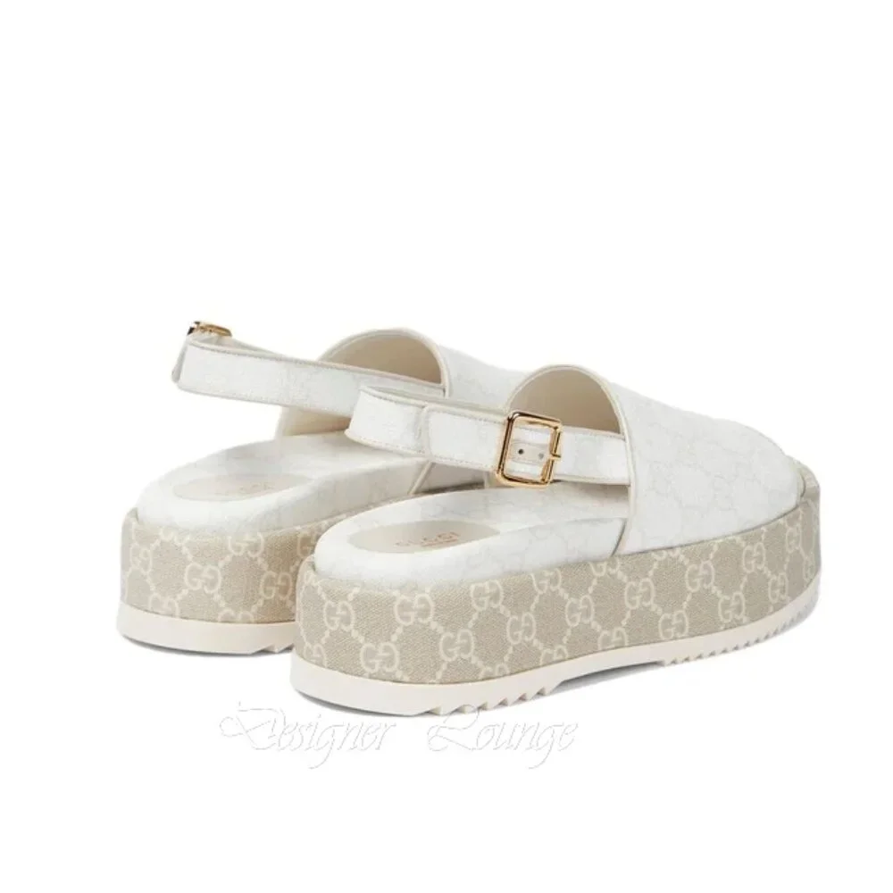 NEW GUCCI Angelina GG White Supreme Canvas Slingback Platform Sandals EU 40.5